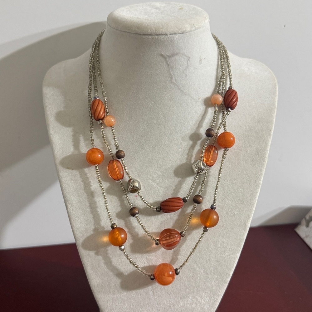 Vintage Orange Beaded Multi-Layer Necklace 18”